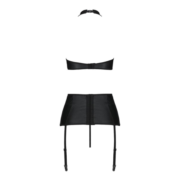 Комплект из эко-кожи с имитацией шнуровки Passion NANCY SET S/M black, топ, трусики, пояс для чулок