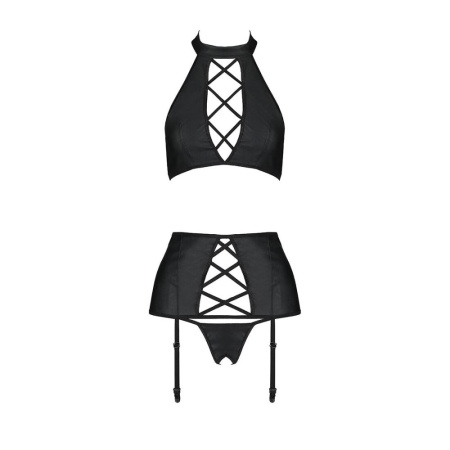 Комплект из эко-кожи с имитацией шнуровки Passion NANCY SET S/M black, топ, трусики, пояс для чулок || Комплект з еко-шкіри з імітацією шнурівки Passion NANCY SET S/M black топ, трусики, пояс для панчіх || Set from eco-leather with imitation lacing Nancy Set black S/M - Passion top, panties and belt for chulo