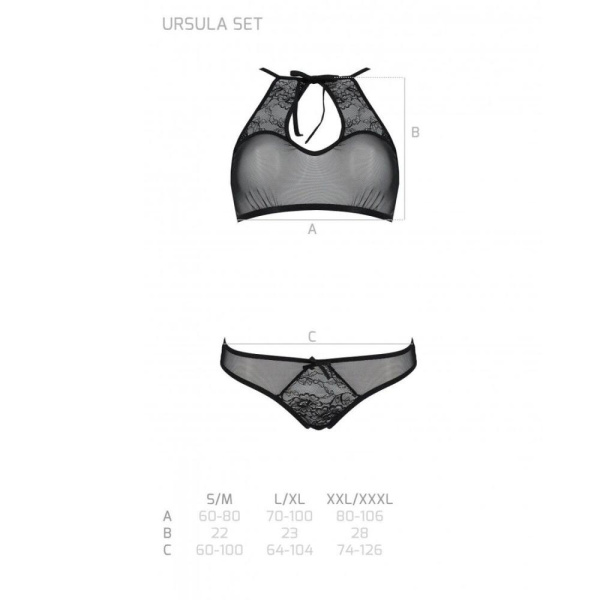 Комплект: бра, трусики с ажурным декором и открытым шагом Passion URSULA SET XXL/XXXL, black